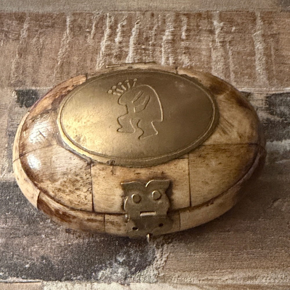 Oval Brass and Bone Trinket Box with Embossed Motif
